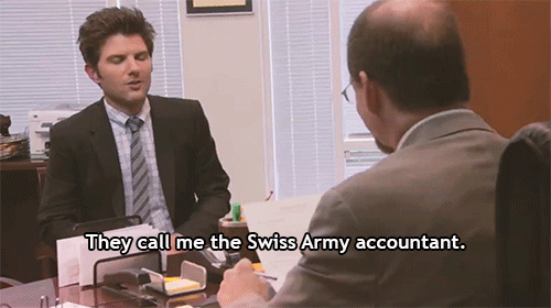 Parks and Rec "They call me the Swiss Army accountant" gif
