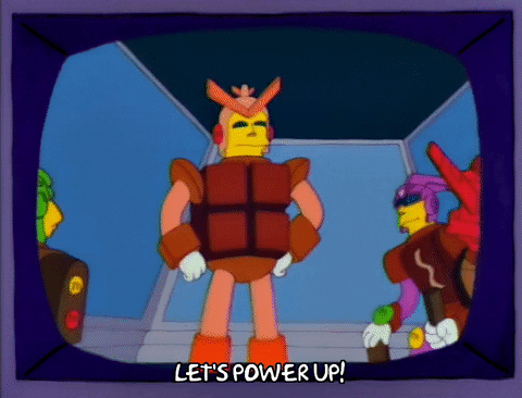 Cartoon characters join together with "Let's Power Up!" as a caption.