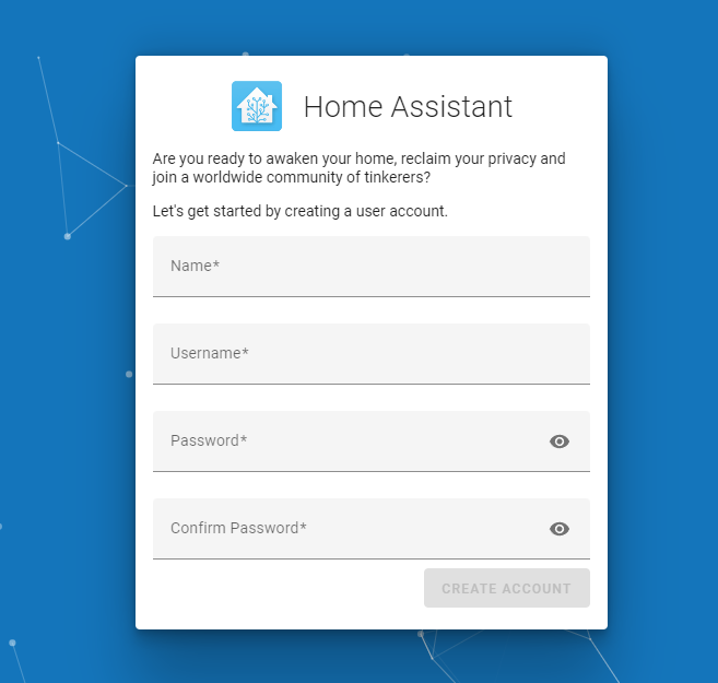 Screenshot of Home Assistant Initialization/Setup Screen at the user account creation step