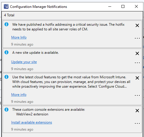 Snip of the Configuration Manager Notifications dialog indicating several items including a hotfix and site update are available.