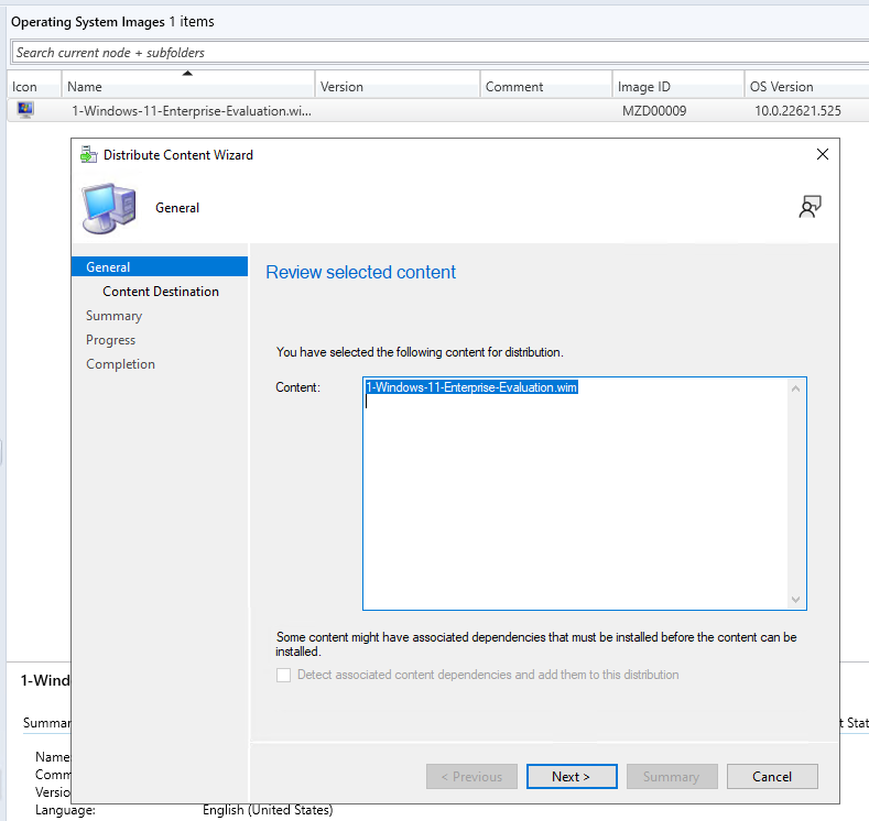 Snip of the distribute content wizard for the Windows OS WIM for task sequence testing.