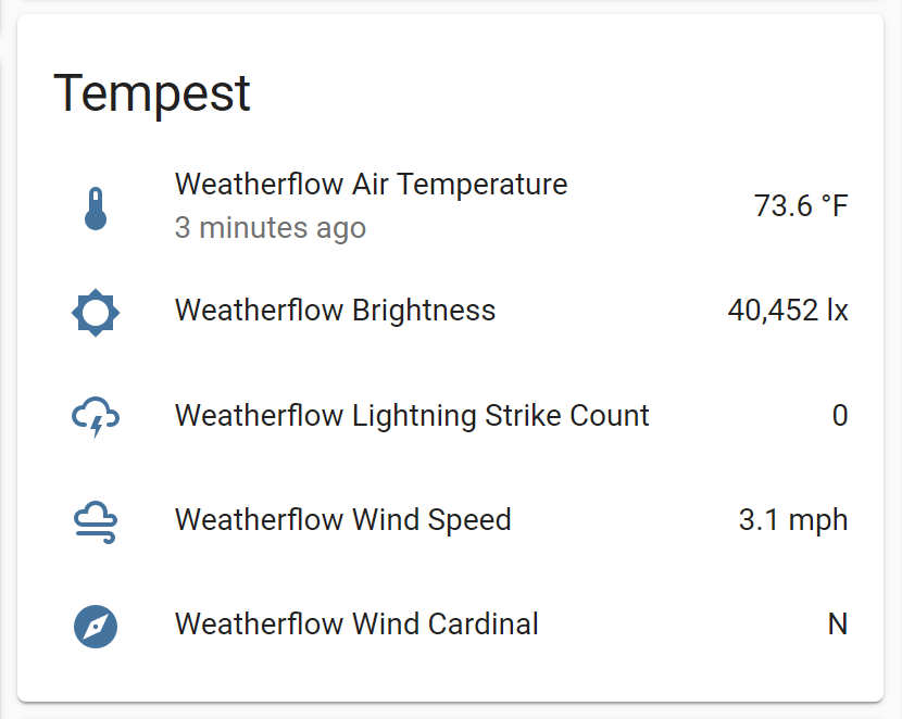 Home Assistant dashboard card for Tempest weather station including temperature, brightness, lightning, and wind data.