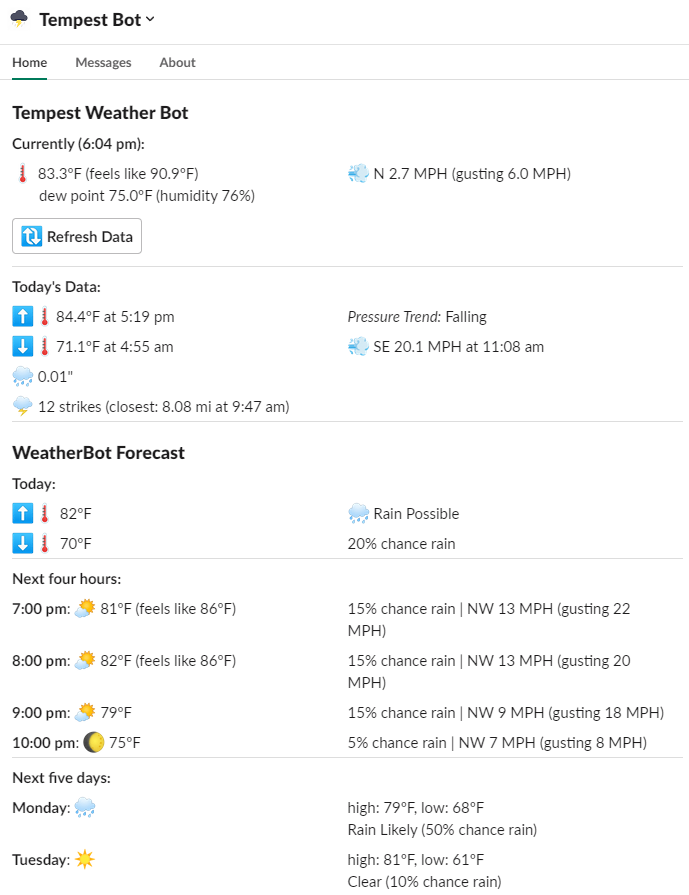 Screenshot of Tempest WeatherBot App Home screen with current conditions, daily summary, and daily/multi-day/hourly forecast detail