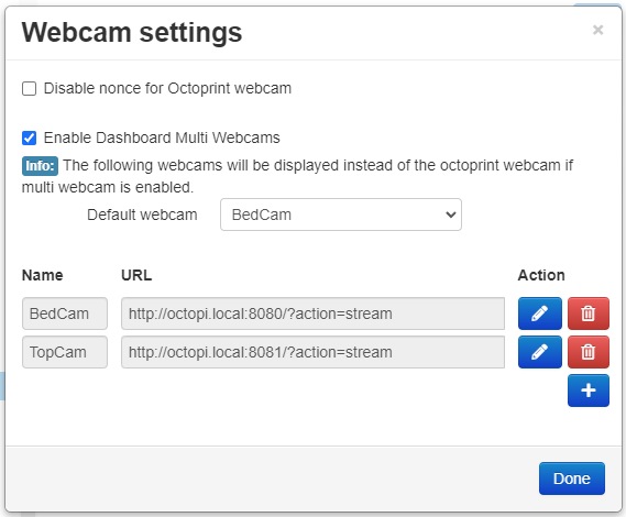A settings dialog for OctoPrint's Dashboard plugin under Webcam settings. It allows an option to enable multiple webcams, provide a name for each, and a specific URL for each.