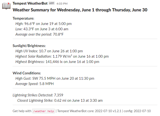 Screenshot of Slack Tempest WeatherBot last month summary displaying temperature, brightness, wind, and lightning data