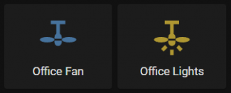 Home Assistant dashboard (dark mode) illustration for independent control of office fan and office lights, with office fan in "off" state and office lights in "on" state.